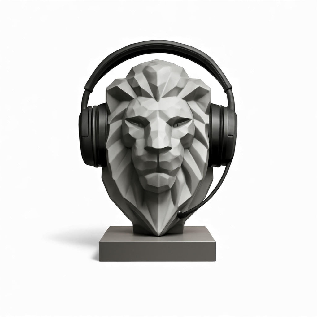 Happy3dWorld gray low-poly lion bust headphone stand with black gaming headset on a white background