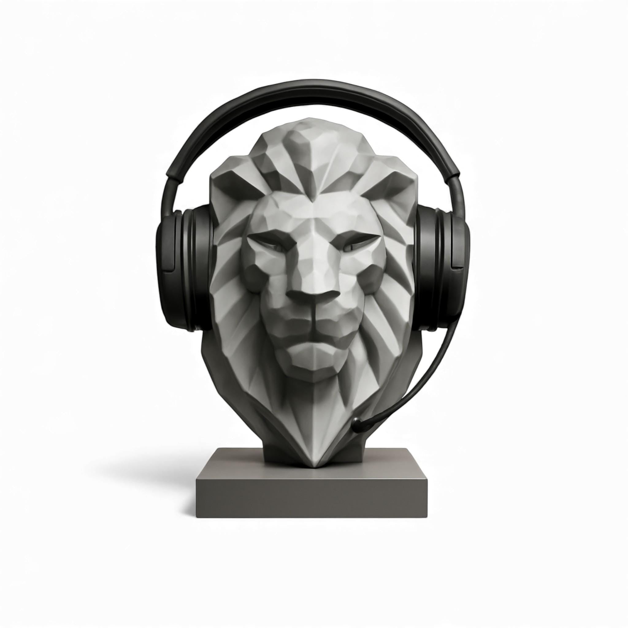 Happy3dWorld gray low-poly lion bust headphone stand with black gaming headset on a white background