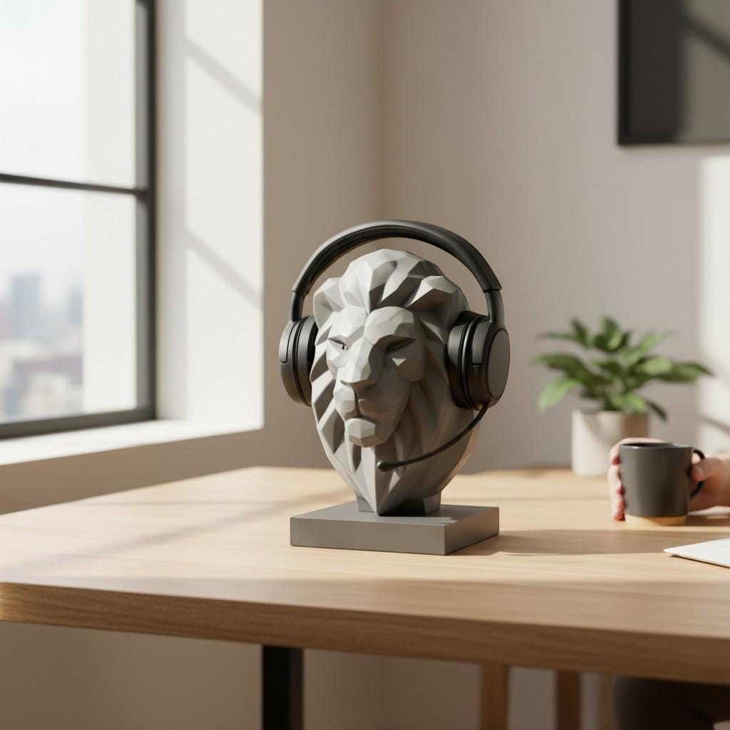 Happy3dWorld gray low-poly geometric lion bust headphone stand holding black gaming headset on a wooden desk