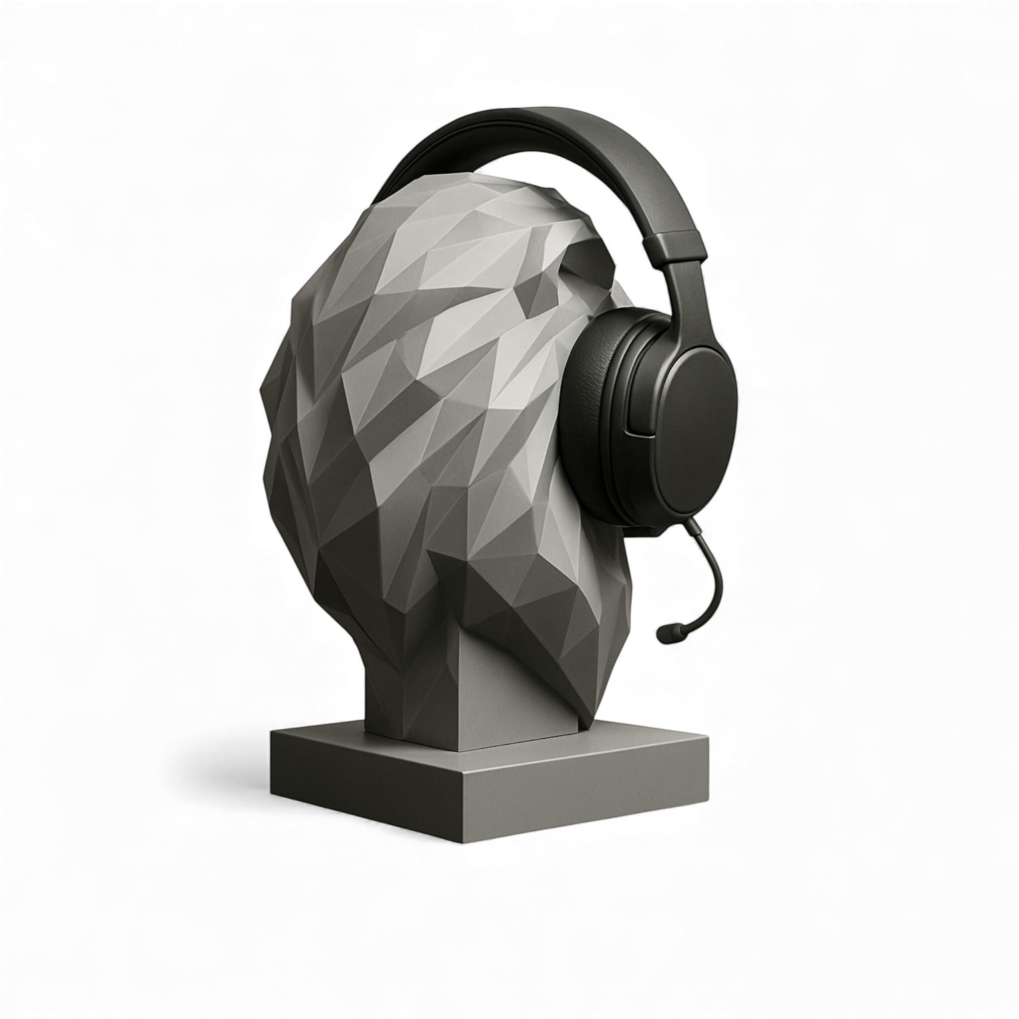 Happy3dWorld gray low-poly geometric lion bust headphone stand holding black over-ear gaming headset on white background