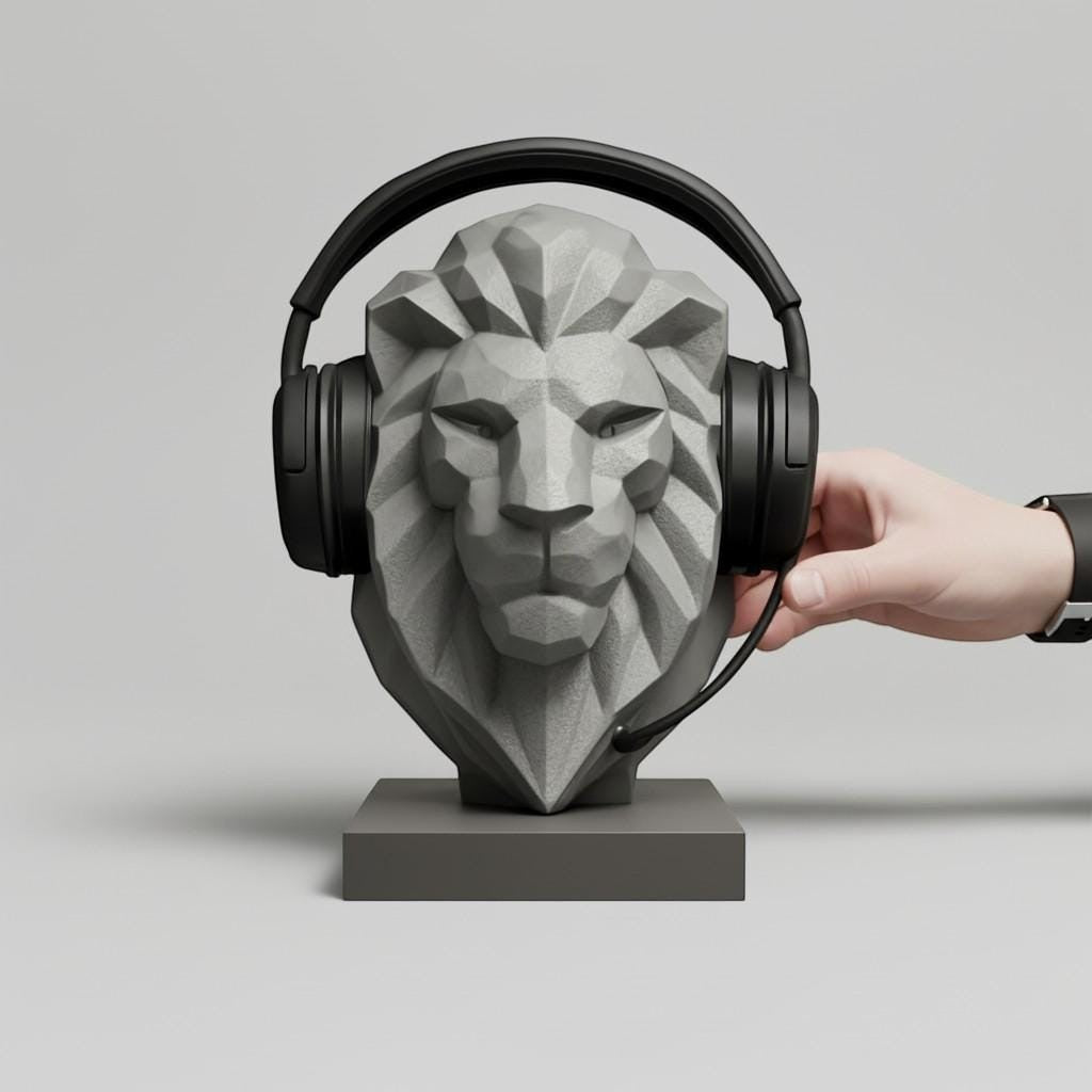 Happy3dWorld gray low-poly lion bust headphone stand holding black gaming headset on a desk