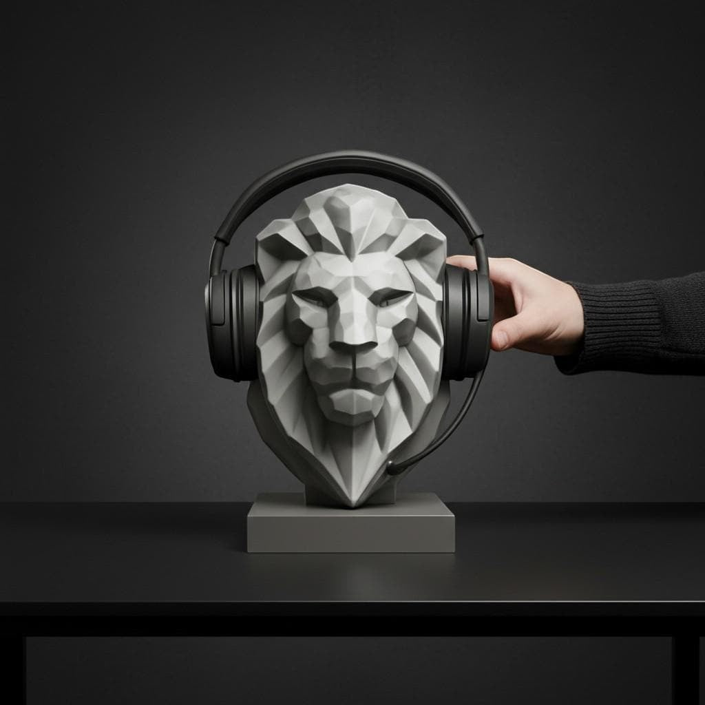 Happy3dWorld gray low-poly lion bust headphone stand holding black gaming headset on a desk