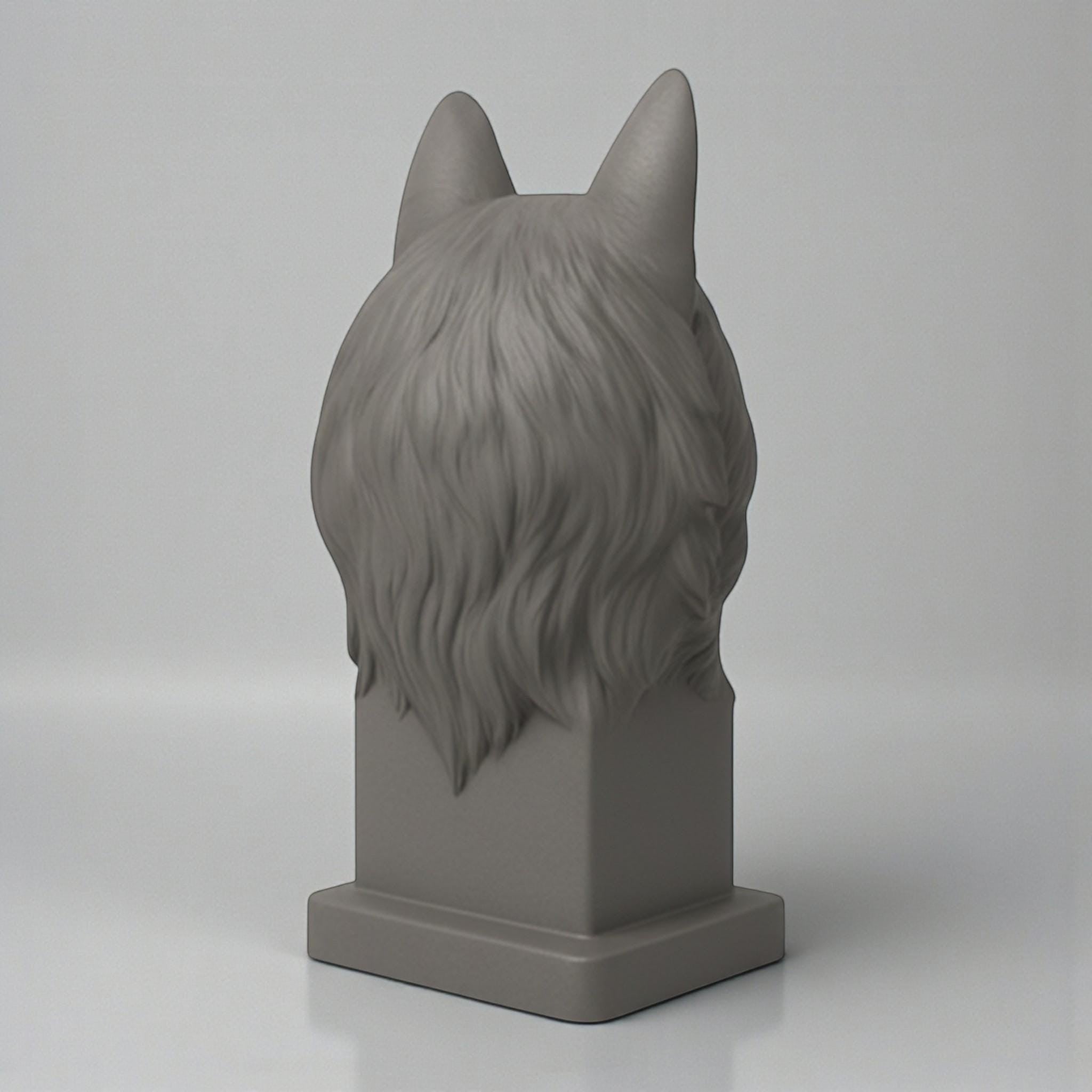 Happy3dWorld gray 3D printed wolf head headphone stand viewed from the back on a plain background