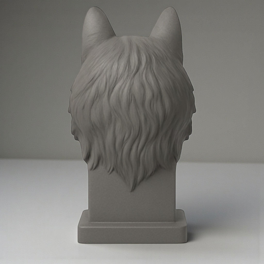 Happy3dWorld gray 3D printed wolf head headphone stand viewed from the back showing detailed fur texture