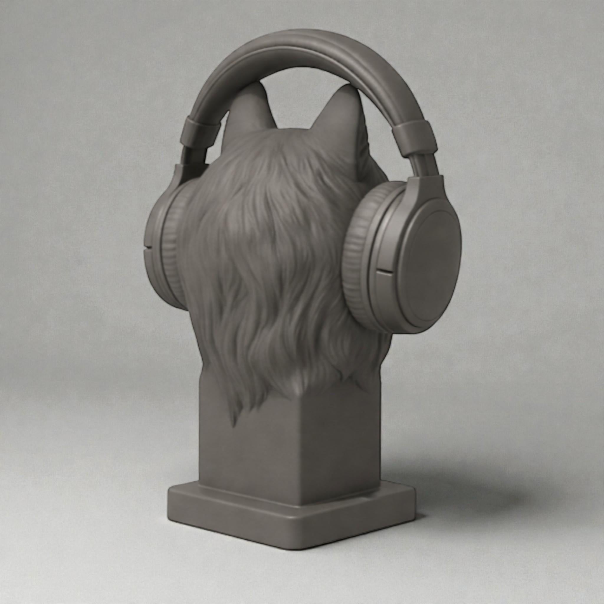 Happy3dWorld gray 3D printed wolf bust headphone stand holding a headset on a neutral background