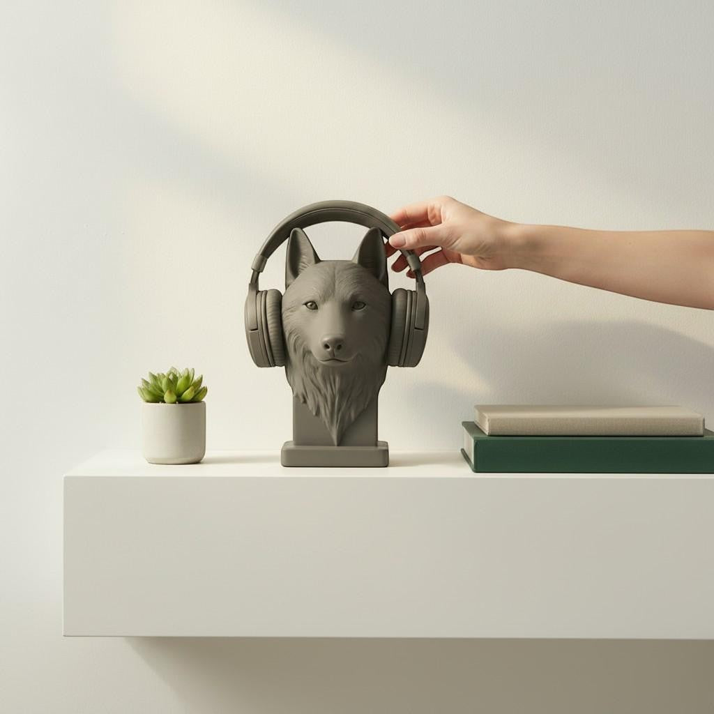 Happy3dWorld gray wolf head headphone stand holding a headset on a white shelf with a small succulent and books