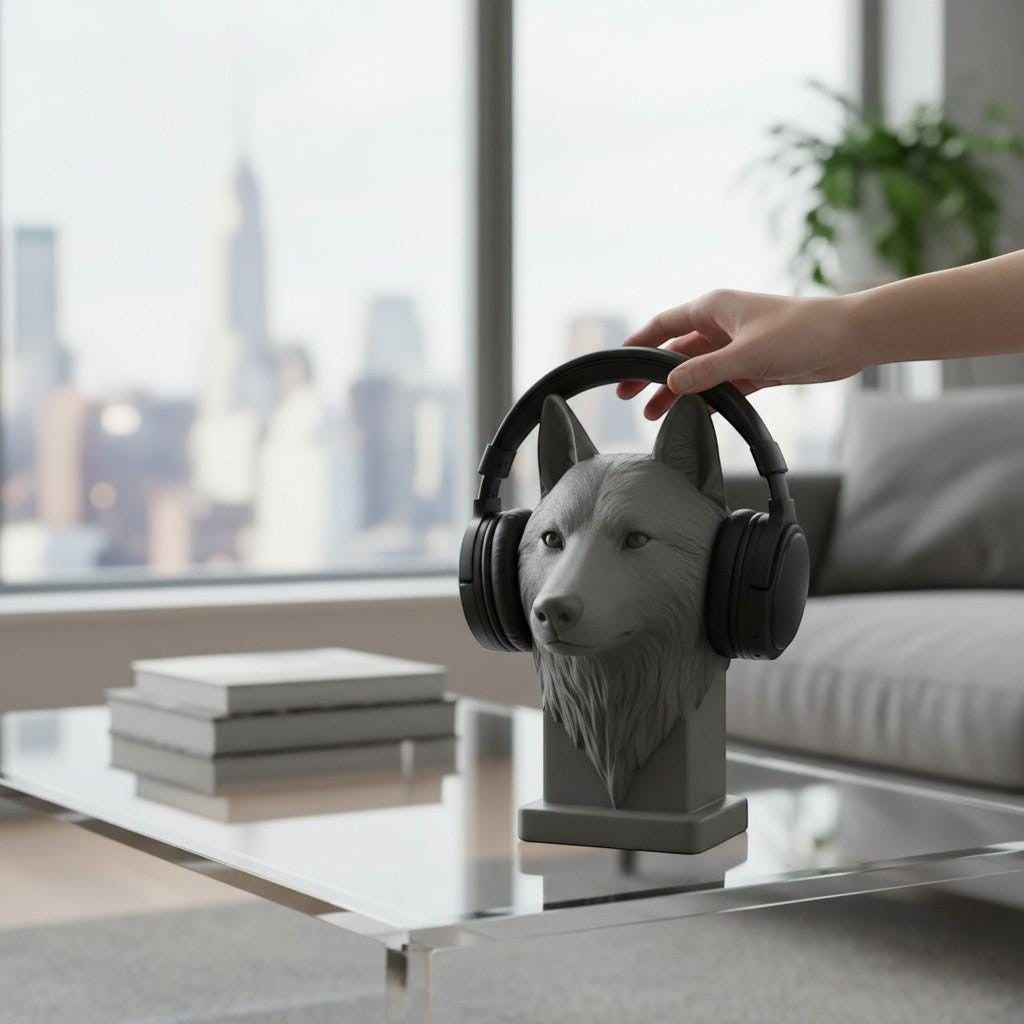 Happy3dWorld gray 3D printed wolf bust headphone stand holding black over-ear headphones on a glass desk.