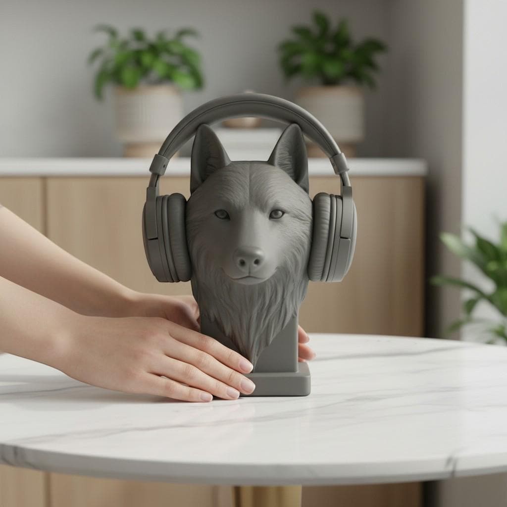 Happy3dWorld gray 3D printed wolf bust headphone stand holding a matching gray headset on a marble table.