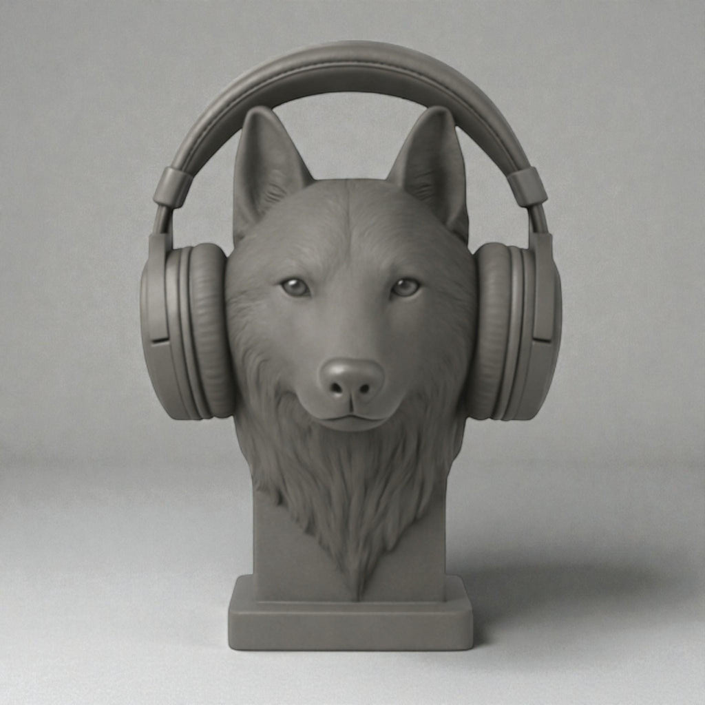 Happy3dWorld gray wolf bust headphone stand for gaming desks, 3D printed animal headset holder with sculpted details