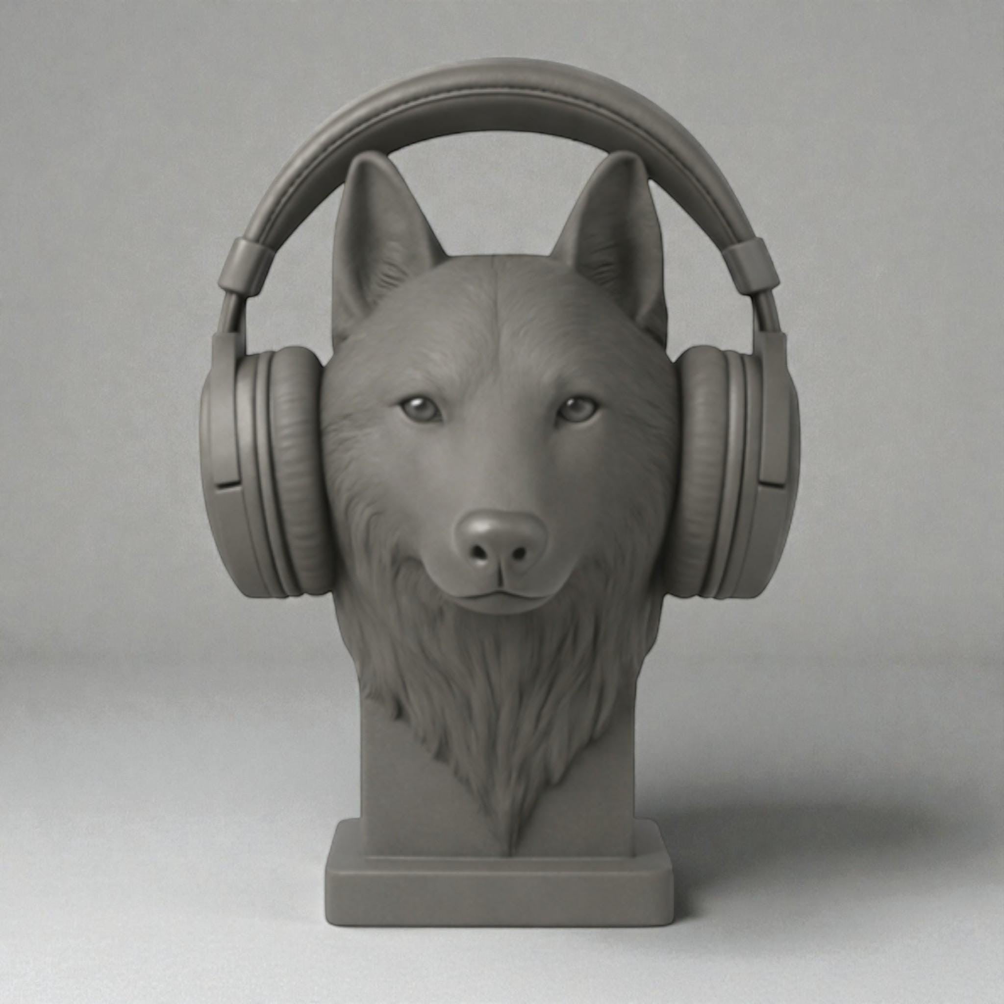 Happy3dWorld gray wolf bust headphone stand for gaming desks, 3D printed animal headset holder with sculpted details