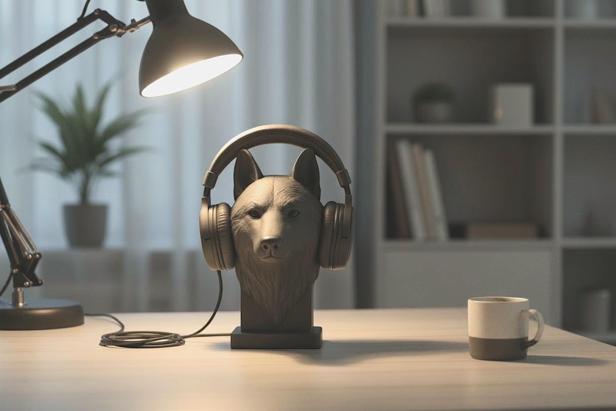 Happy3dWorld gray wolf bust headphone stand holding a headset on a desk with a lamp and coffee mug in the background