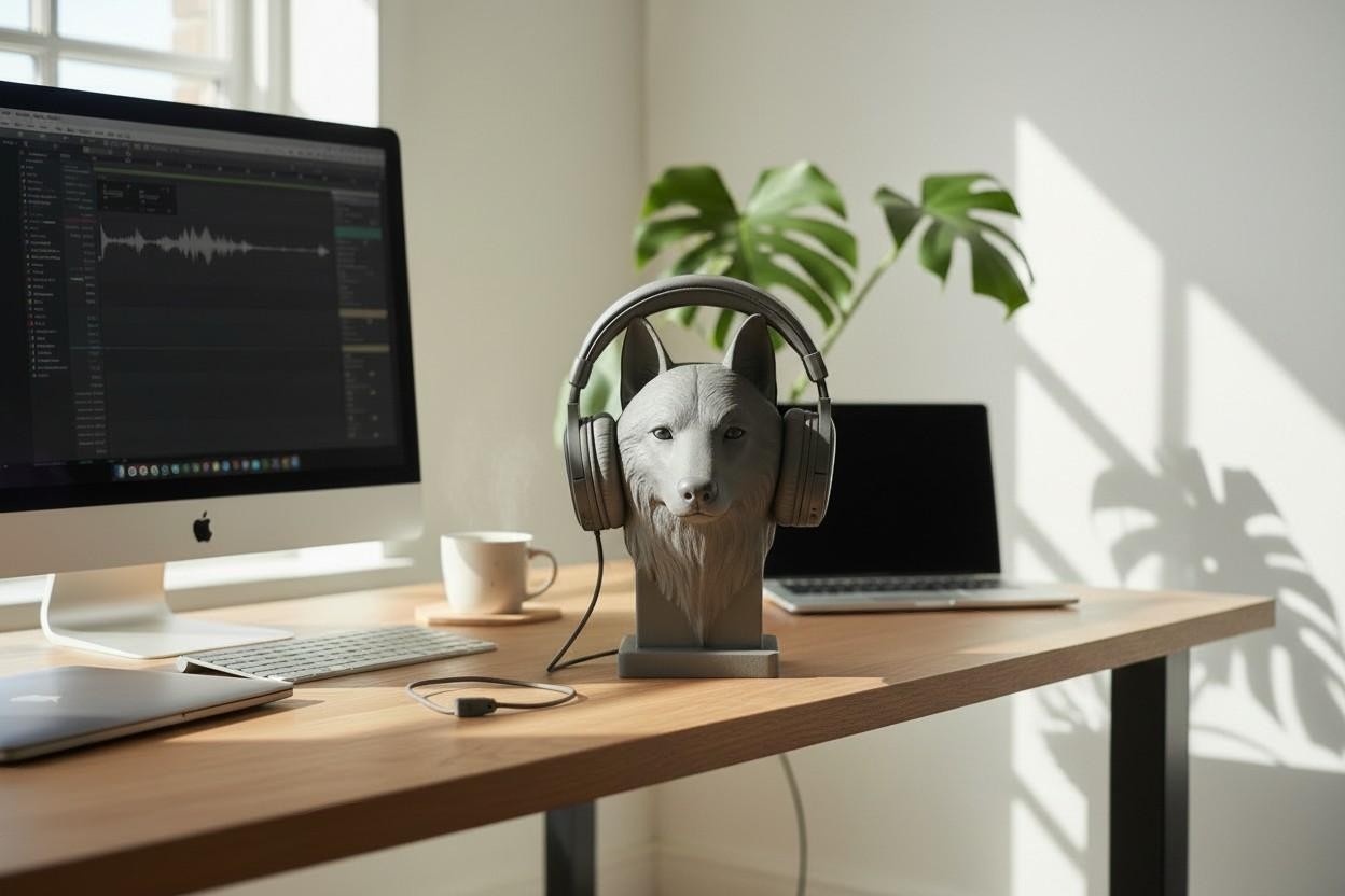 Happy3dWorld gray wolf head headphone stand on a wooden desk in a modern home office with a computer and plant