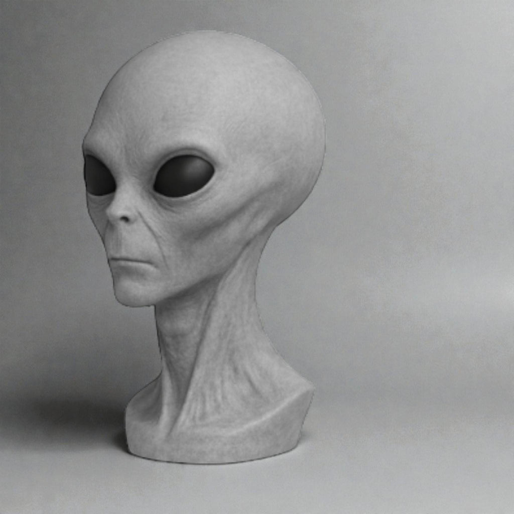 Happy3dWorld grey alien bust headphone stand with a matte 3D-printed finish for sci-fi gaming desk decor