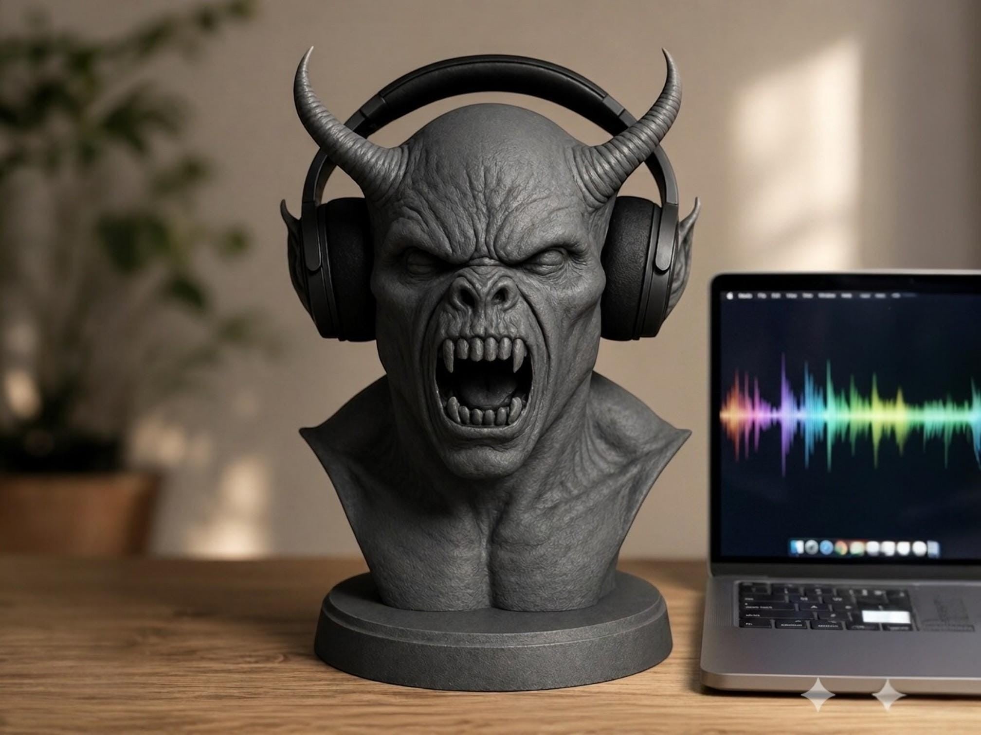 Happy3dWorld grey demon bust headphone stand holding black gaming headset on a wooden desk next to a laptop