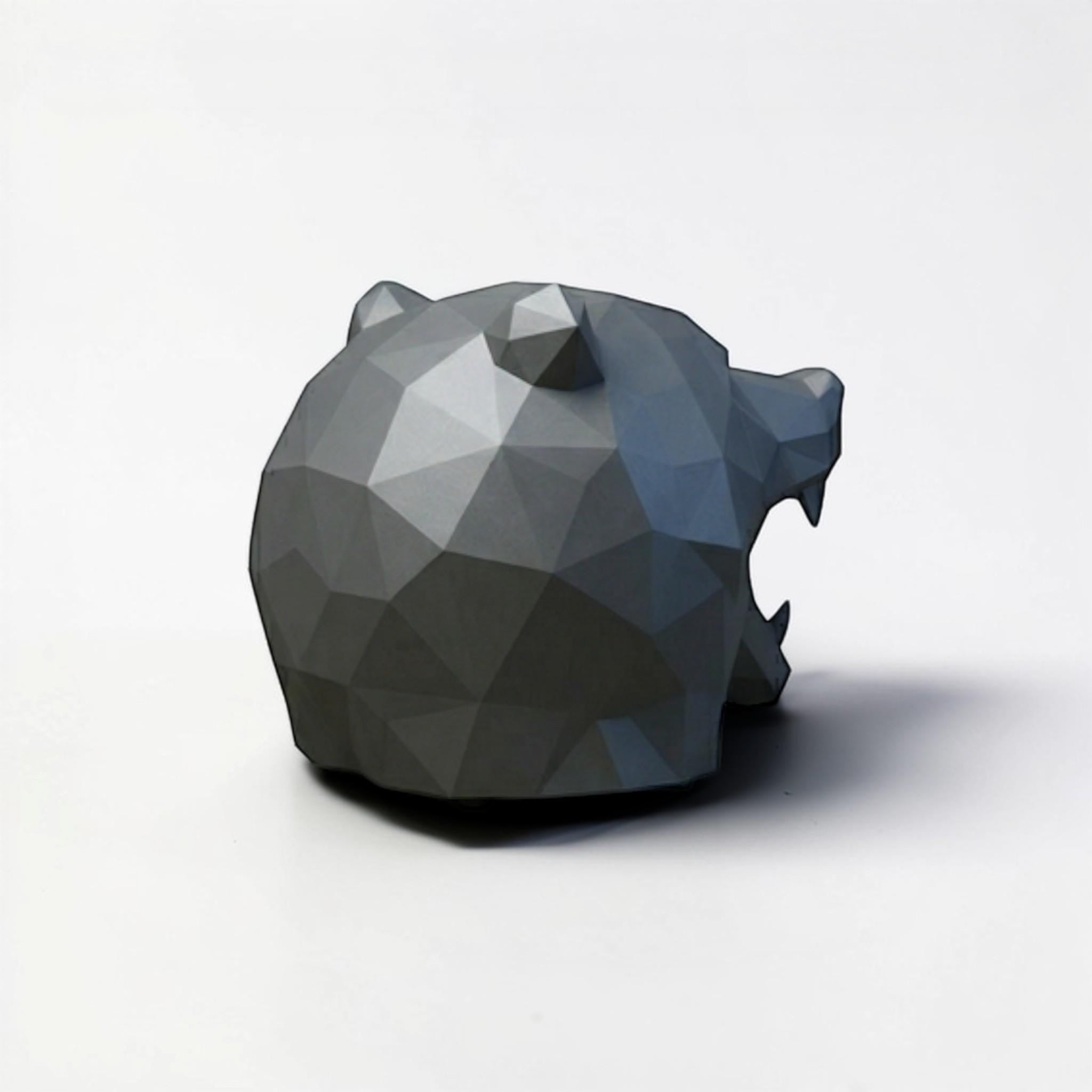 Happy3dWorld grey low-polygon bear headphone stand with a modern geometric design for desk organization.