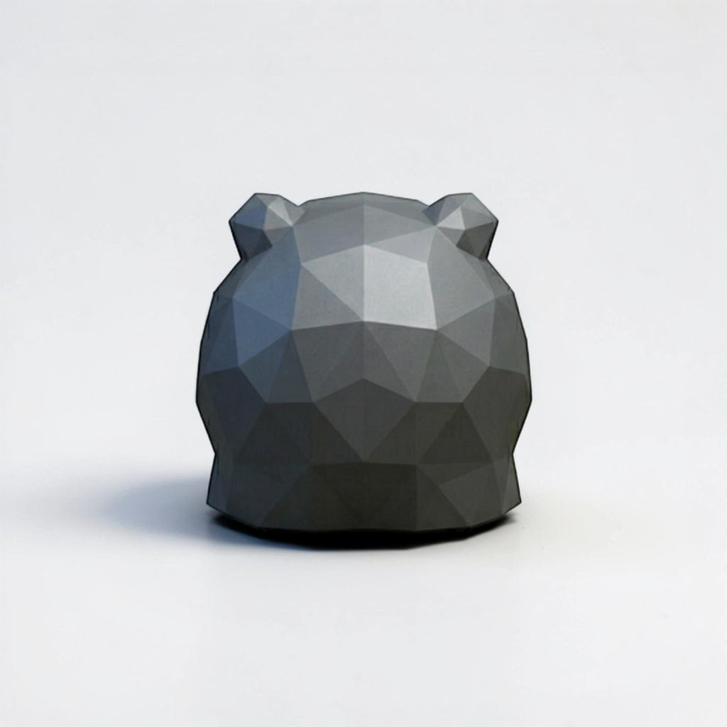 Happy3dWorld low polygon bear headphone stand in matte grey PLA with geometric faceted design for modern desk decor.
