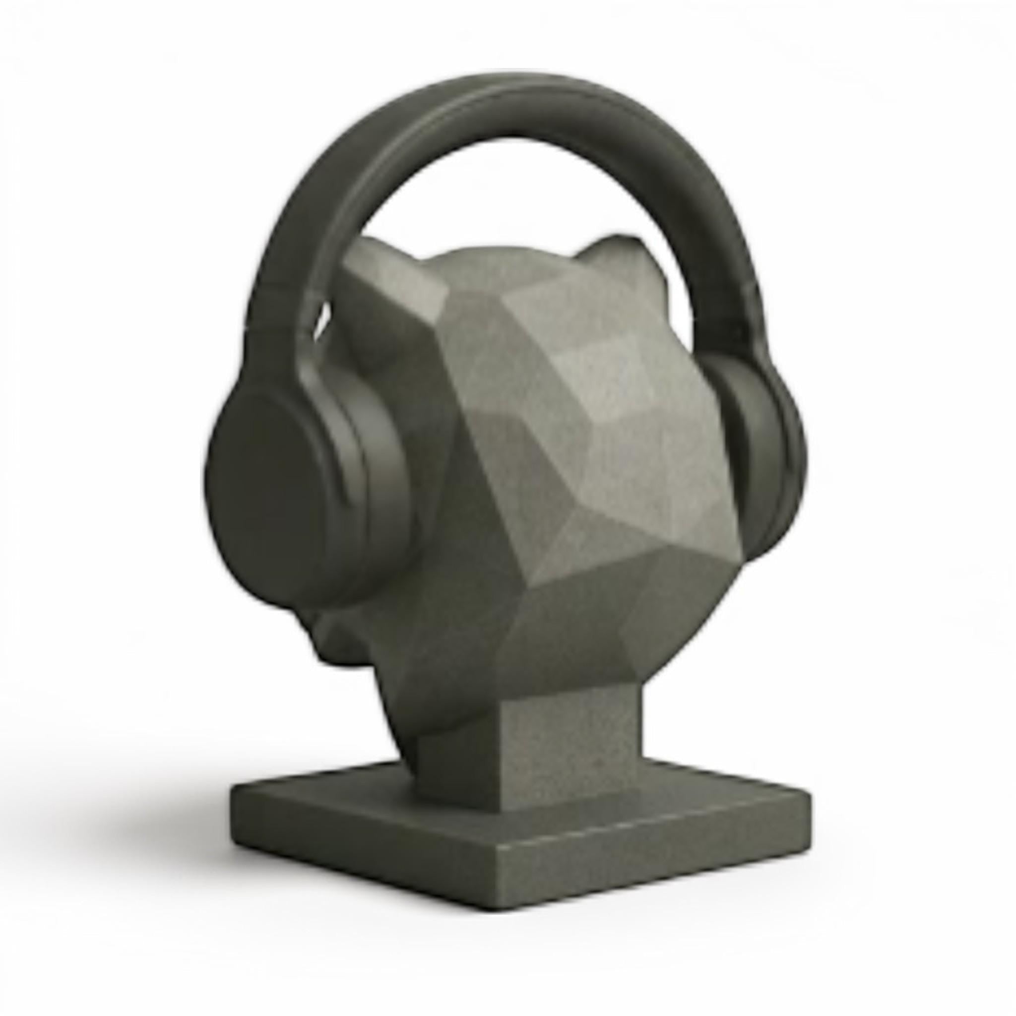 Happy3dWorld grey low-poly geometric tiger headphone stand holding over-ear headphones on a white background