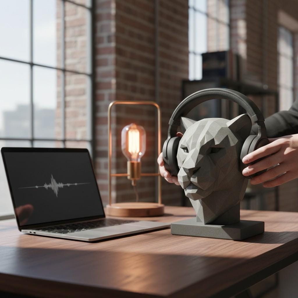 Happy3dWorld grey geometric tiger headphone stand on a wooden desk with a laptop and vintage lamp in a home office.