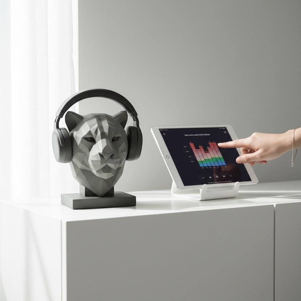 Happy3dWorld grey low-poly geometric tiger headphone stand holding black headphones on a modern desk setup