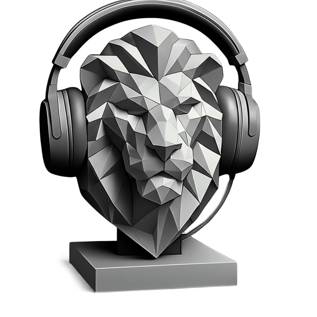Happy3dWorld grey low-poly geometric lion bust headphone stand holding black over-ear gaming headset