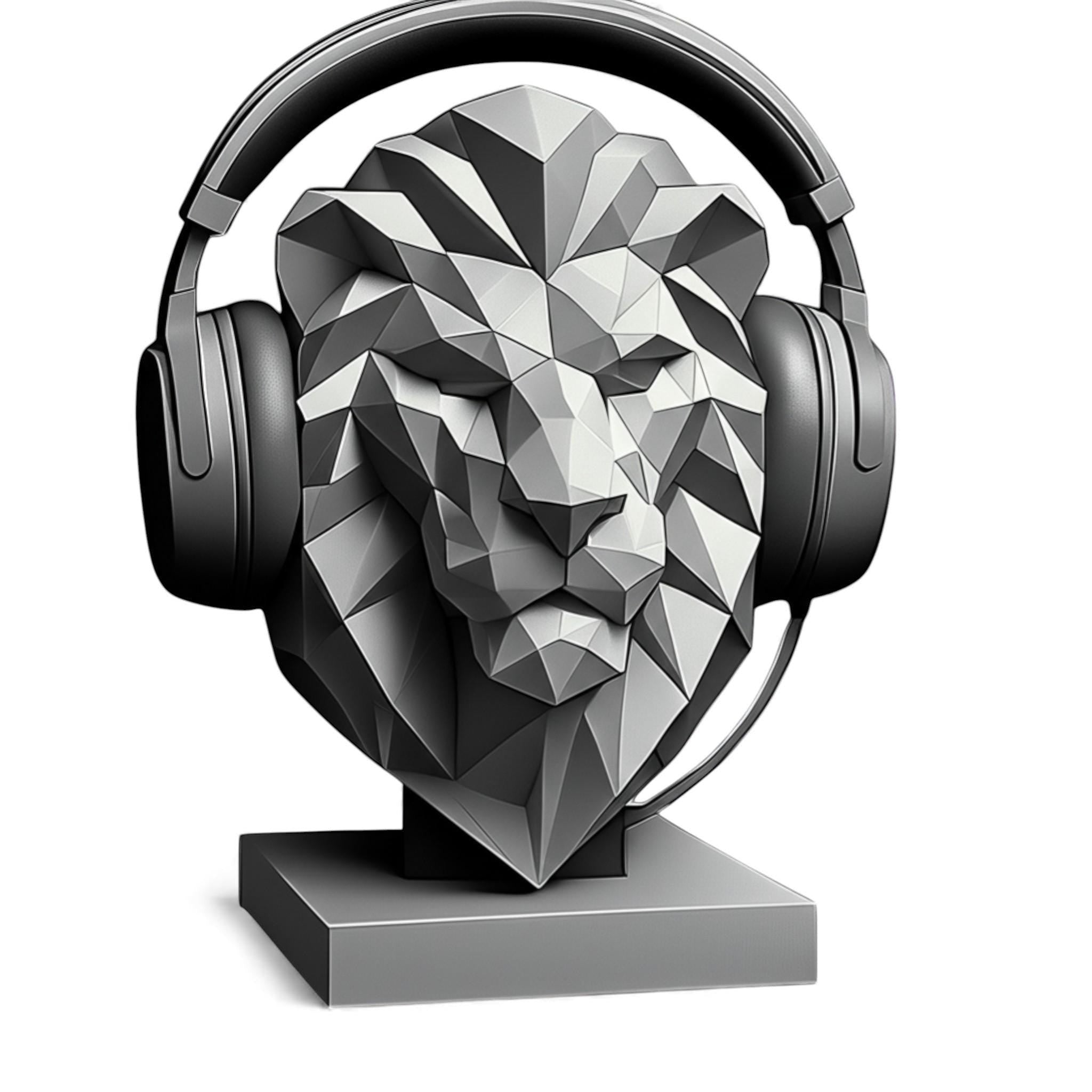 Happy3dWorld grey low-poly geometric lion bust headphone stand holding black over-ear gaming headset