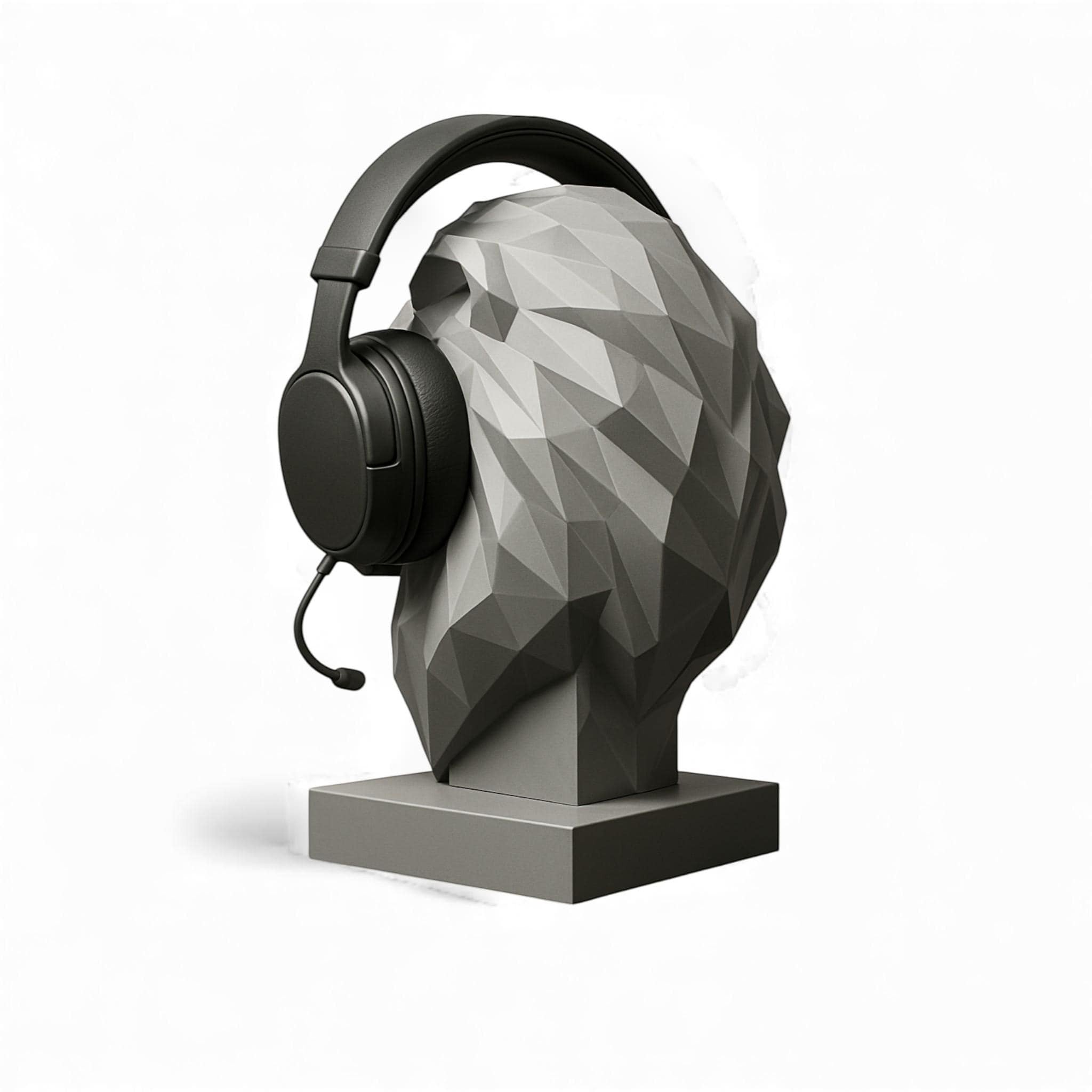 Happy3dWorld grey low-poly geometric lion bust headphone stand holding black gaming headset on a white background