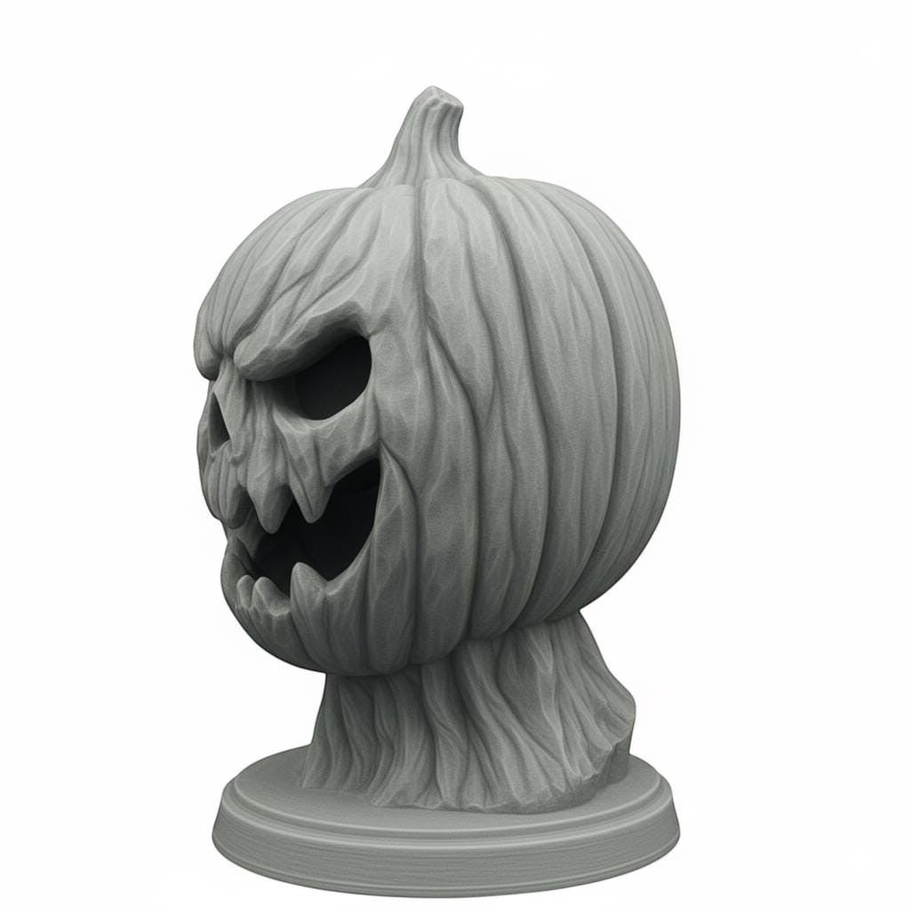 Happy3dWorld grey 3D printed pumpkin skull headphone stand with a matte finish for gothic desk decor.