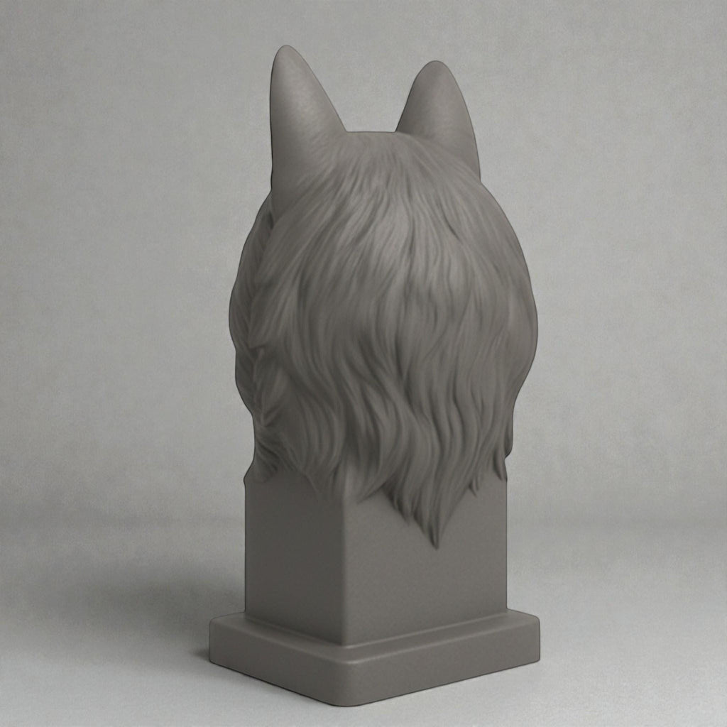 Happy3dWorld grey 3D printed wolf bust headphone stand viewed from the back showing detailed fur texture