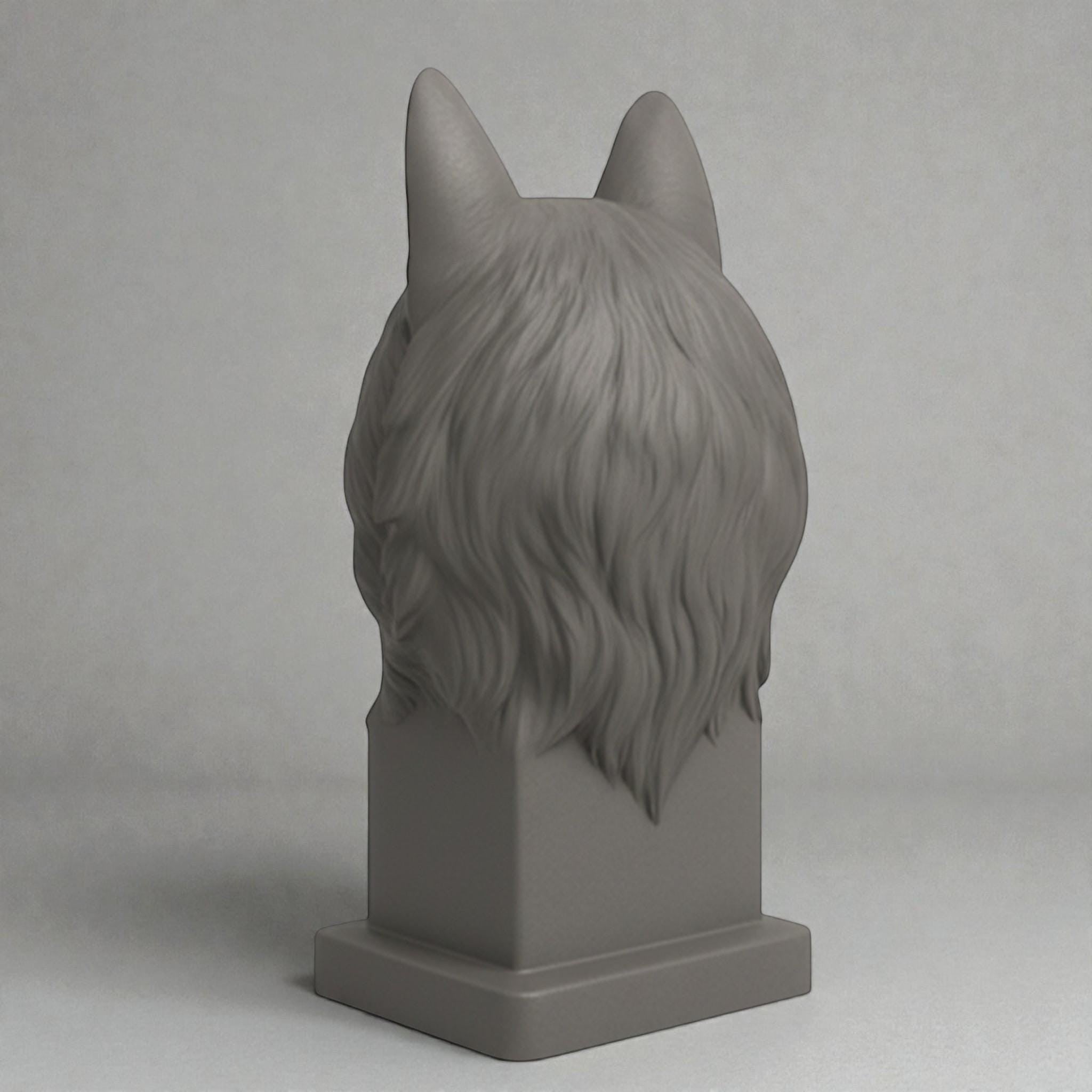 Happy3dWorld grey 3D printed wolf bust headphone stand viewed from the back showing detailed fur texture