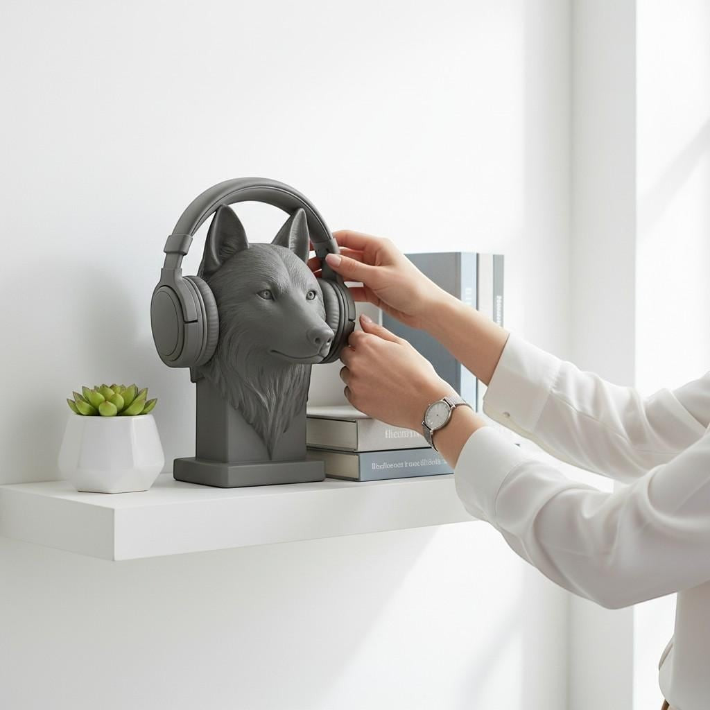 Happy3dWorld grey 3D printed wolf head headphone stand displayed on a white shelf with a headset