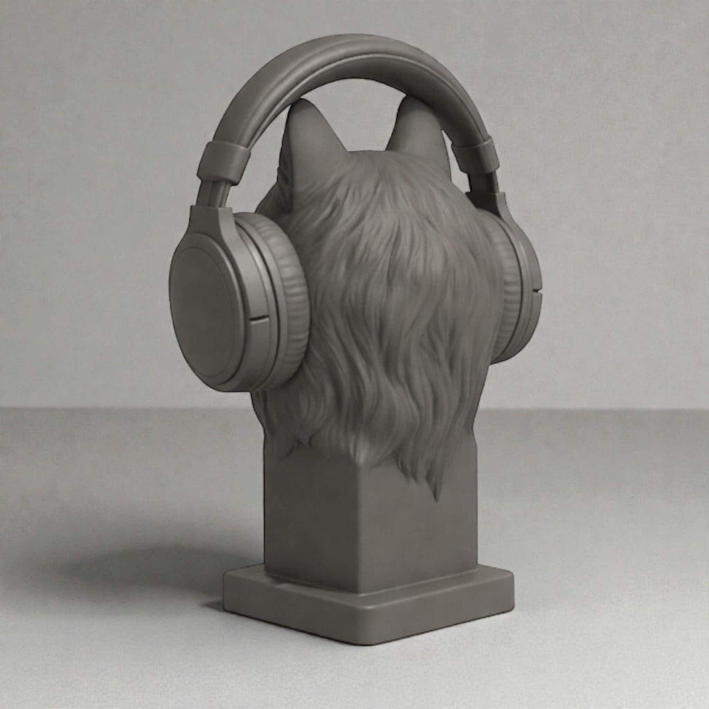 Happy3dWorld grey 3D printed wolf bust headphone stand holding a pair of over-ear gaming headphones
