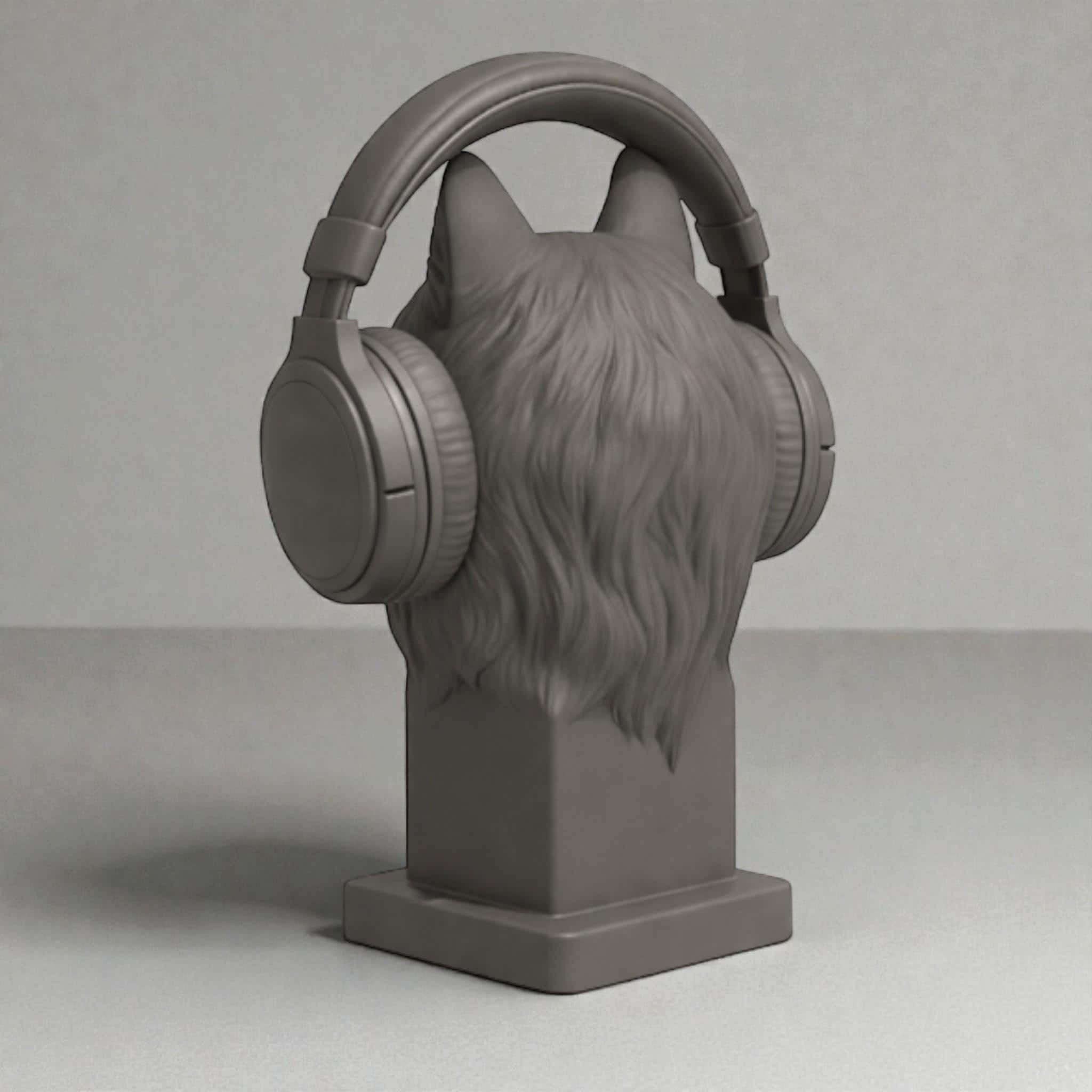 Happy3dWorld grey 3D printed wolf bust headphone stand holding a pair of over-ear gaming headphones