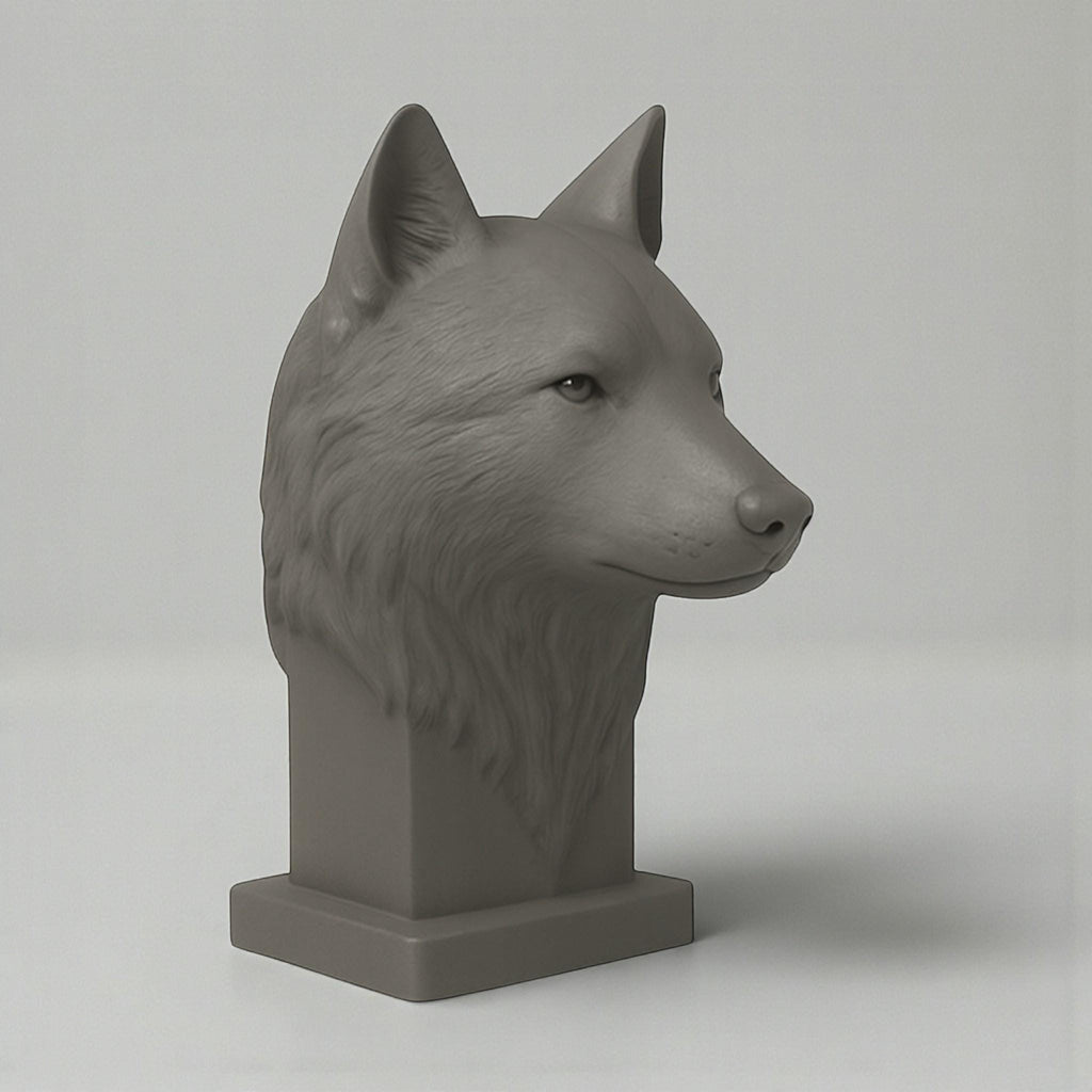 Happy3dWorld grey 3D printed wolf bust headphone stand for gaming desks with a sleek, sculpted animal design.