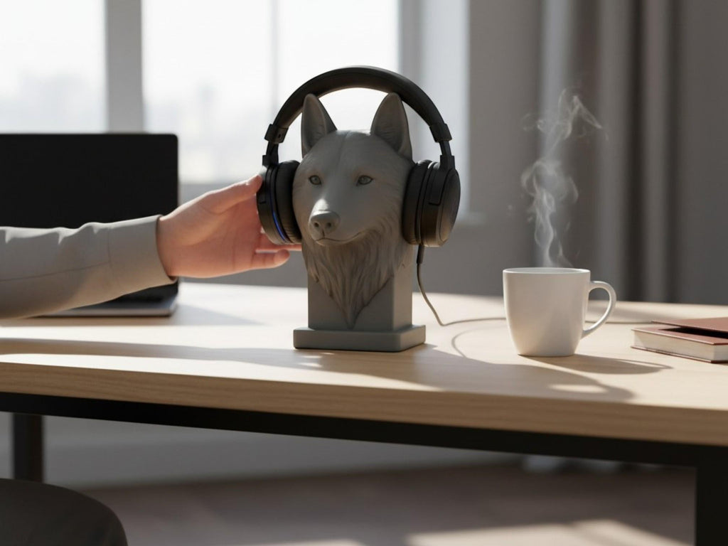 Happy3dWorld grey wolf head headphone stand holding a black headset on a wooden desk with a steaming coffee mug