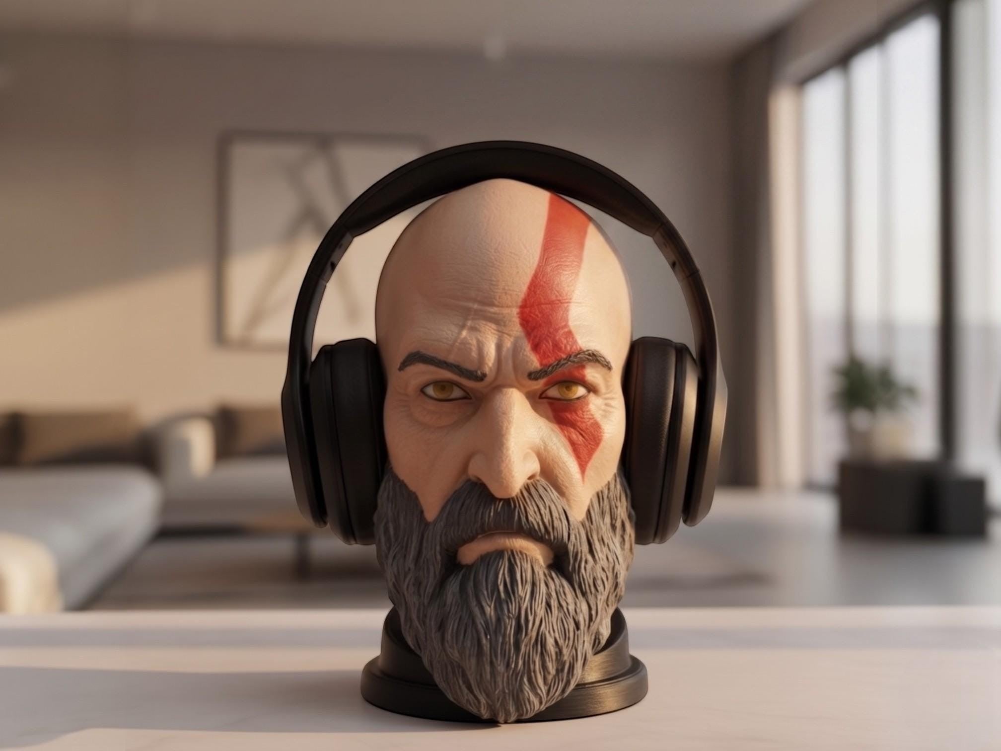 Happy3dWorld Kratos bust headset stand with detailed matte finish, perfect for gaming desk decor and headphone storage.