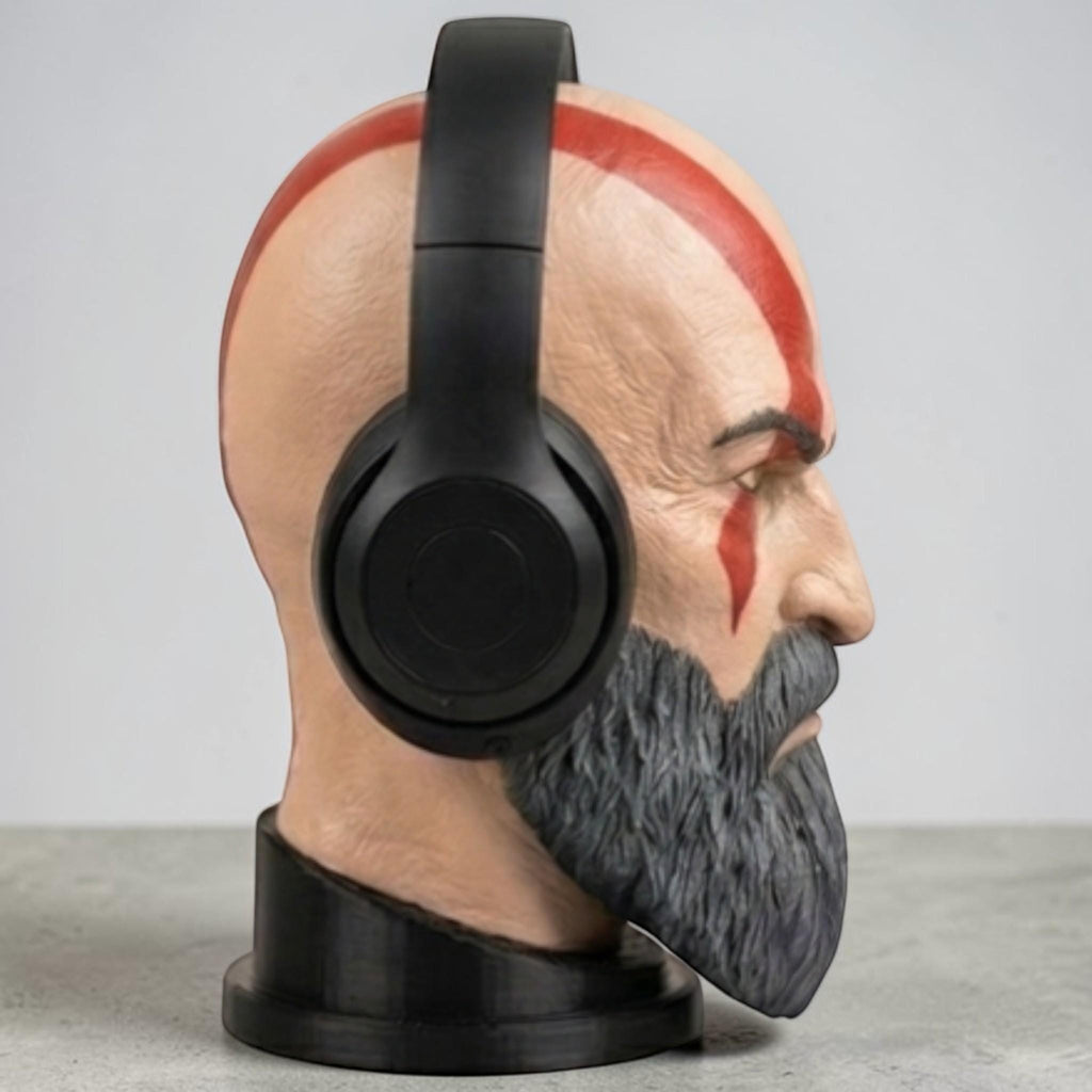Happy3dWorld Kratos bust headset stand featuring a detailed God of War character design with a black gaming headset.