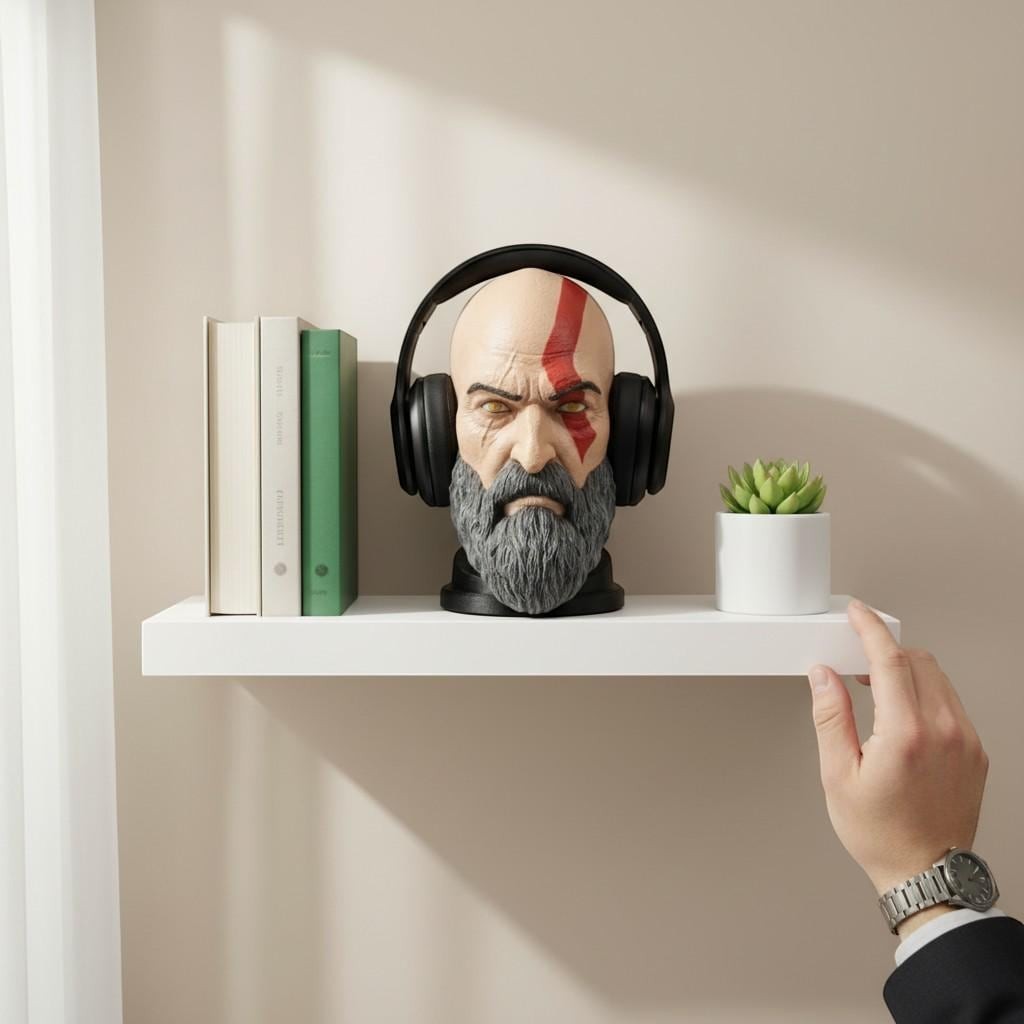 Happy3dWorld Kratos bust headset stand holding black headphones on a white wall shelf with books and a small plant