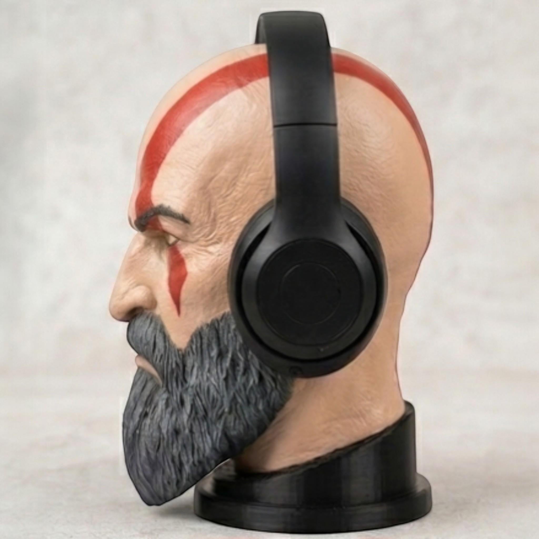 Happy3dWorld Kratos bust headset stand with detailed red tattoo and grey beard holding black gaming headphones
