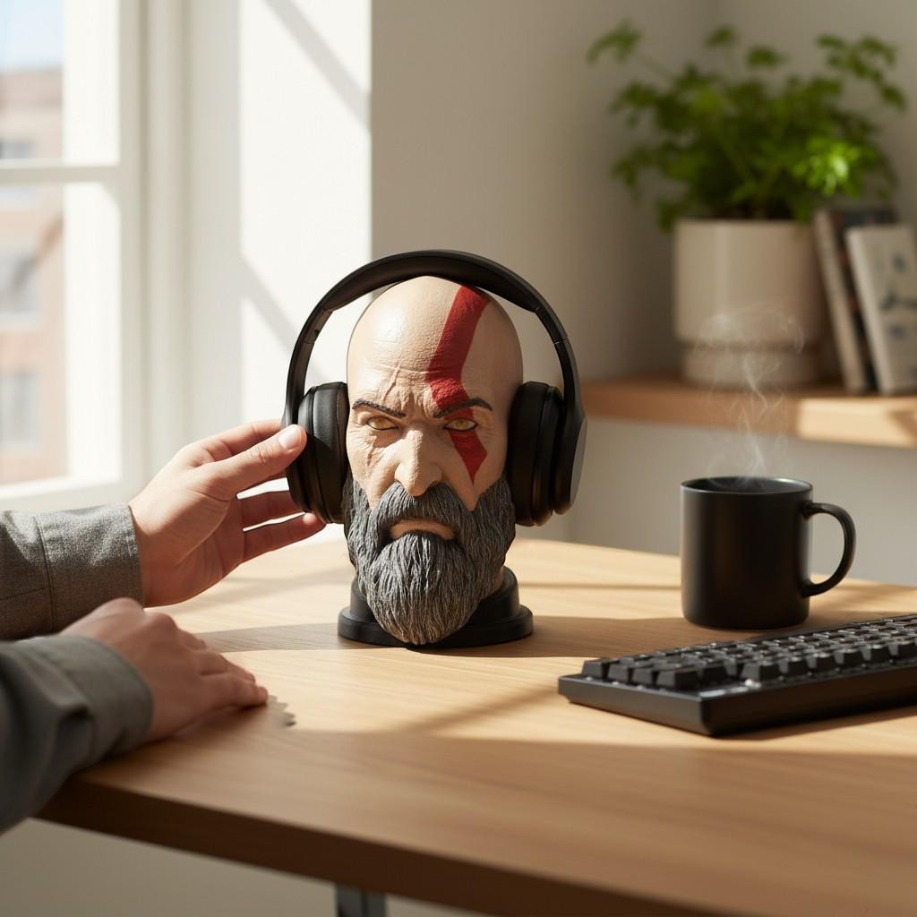 Happy3dWorld Kratos headset stand featuring a detailed God of War bust on a wooden desk with gaming accessories.