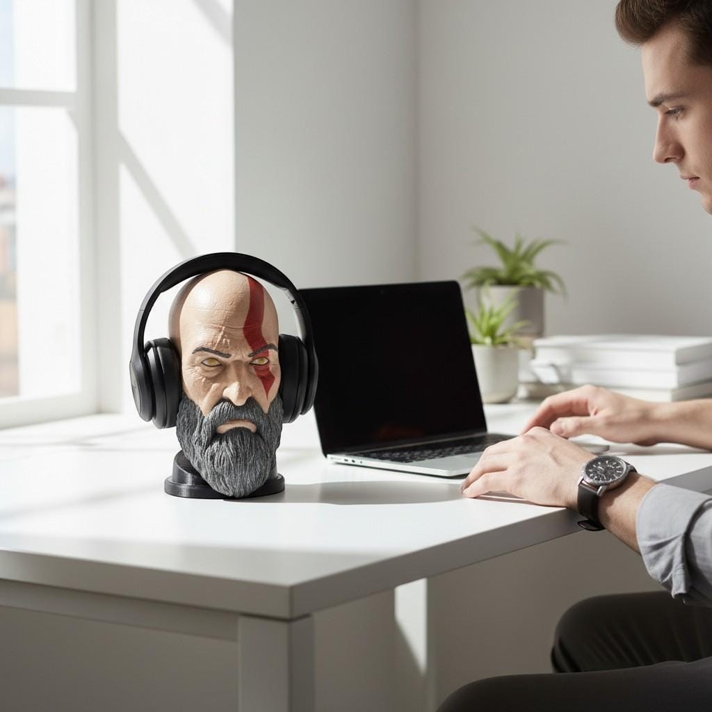 Happy3dWorld Kratos bust headset stand holding black gaming headphones on a white desk next to a laptop