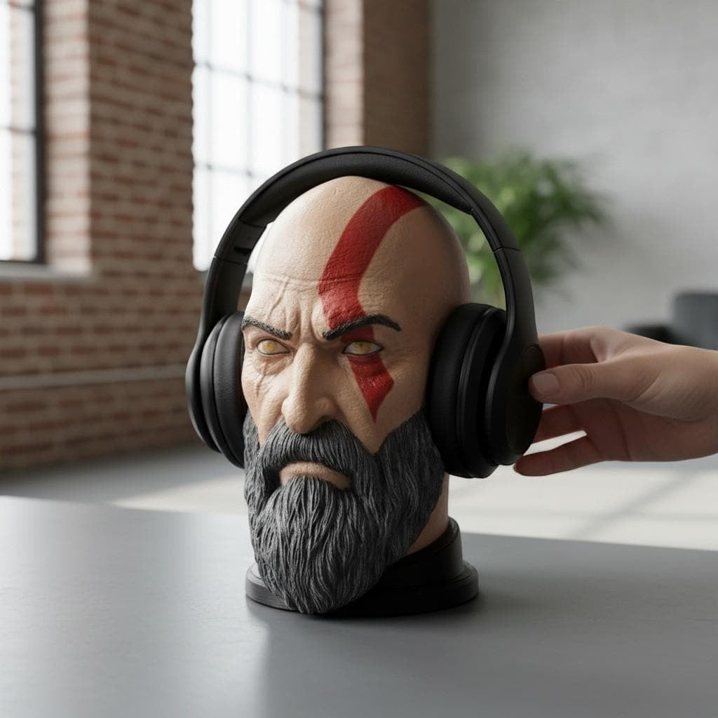 Happy3dWorld Kratos God of War bust headset stand with black headphones on a gaming desk