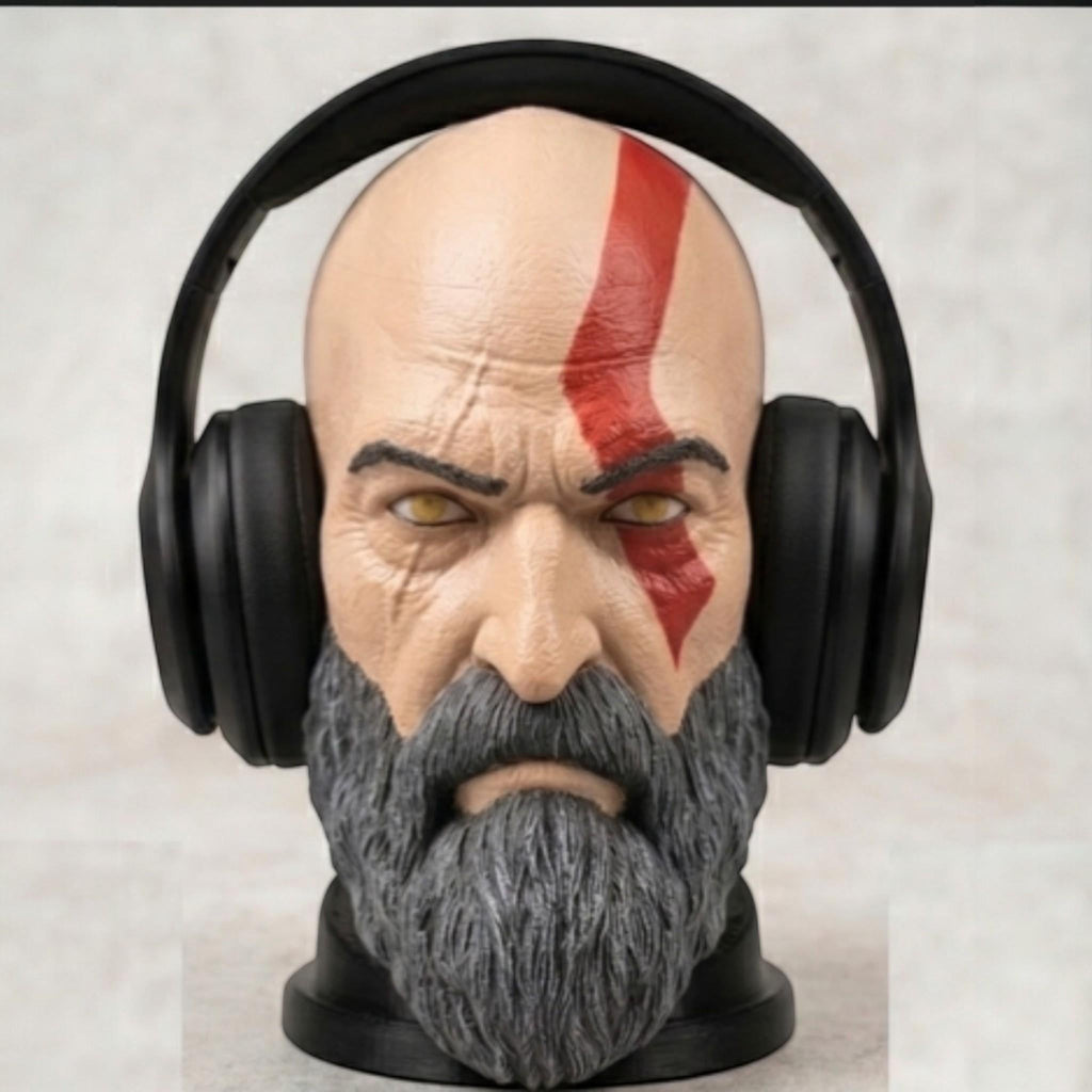 Happy3dWorld Kratos bust headset stand featuring the God of War with his iconic red tattoo and black gaming headphones.