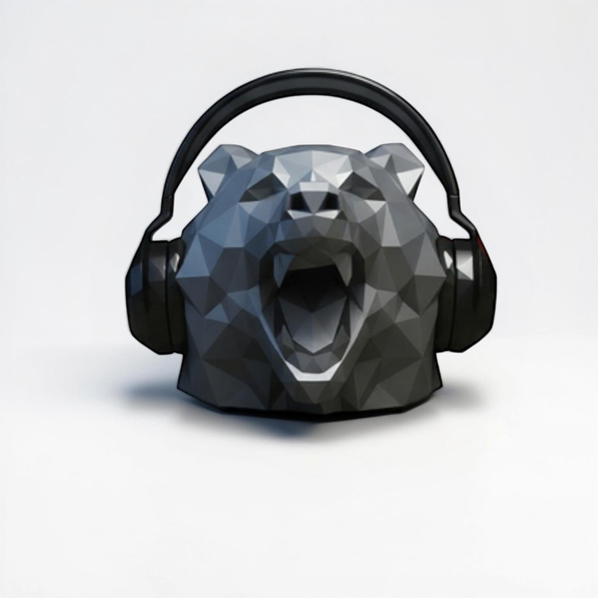 Happy3dWorld low polygon bear headphone stand in matte grey with geometric angles holding black over-ear headphones.