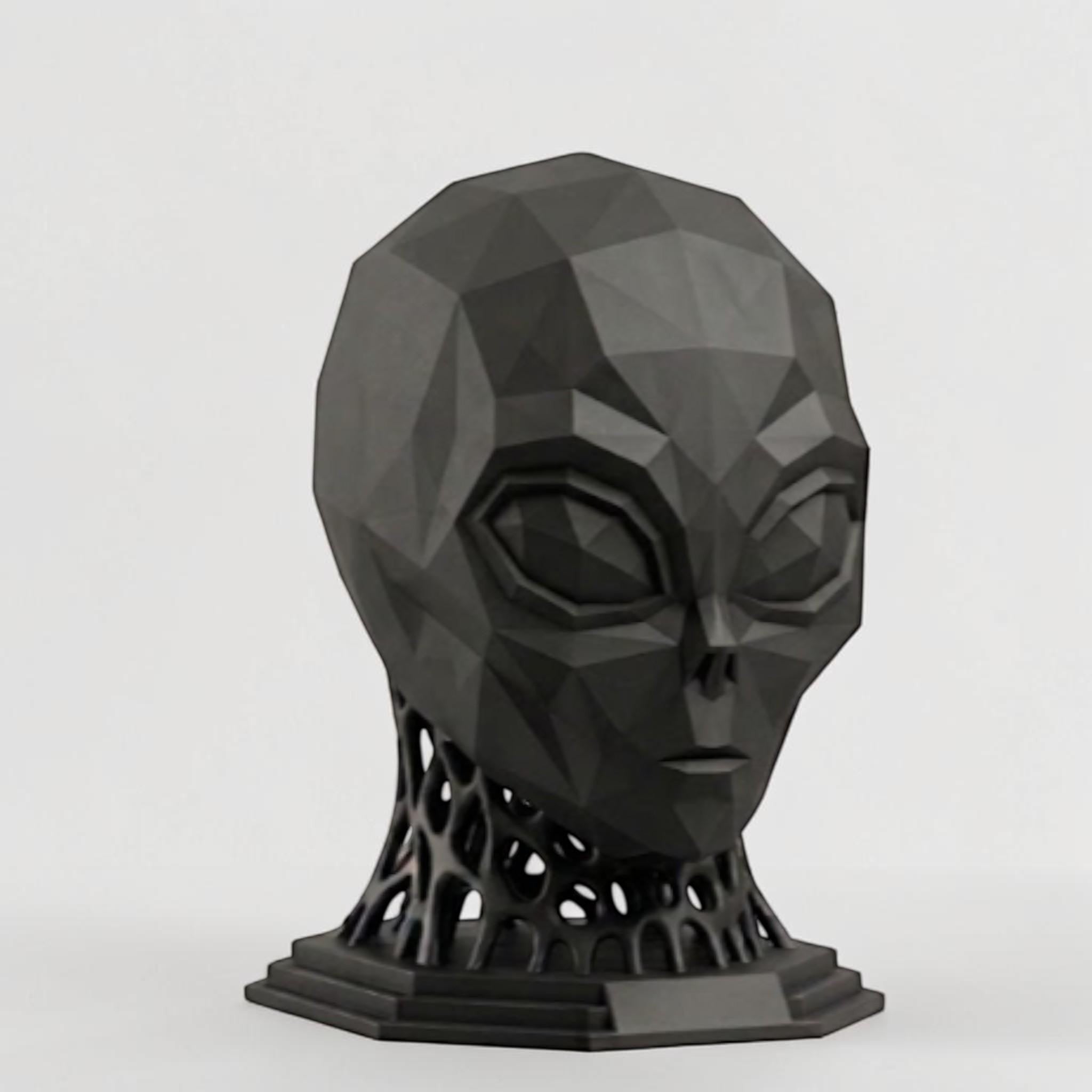 Happy3dWorld matte black low-poly alien headphone stand with a geometric voronoi neck design for gaming desks.