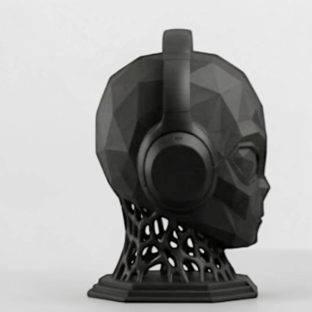Happy3dWorld matte black low poly alien headphone stand with a geometric voronoi neck and stable octagonal base.