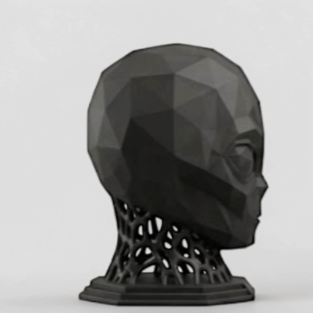 Happy3dWorld matte black low poly alien headphone stand with a geometric head and intricate voronoi neck structure.