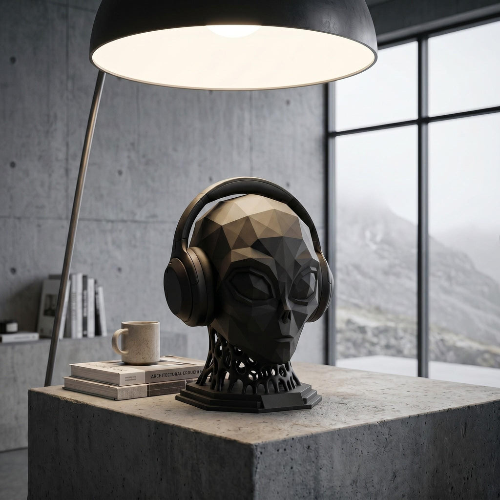 Happy3dWorld matte black low-poly alien headphone stand with voronoi neck on a concrete desk in a modern room