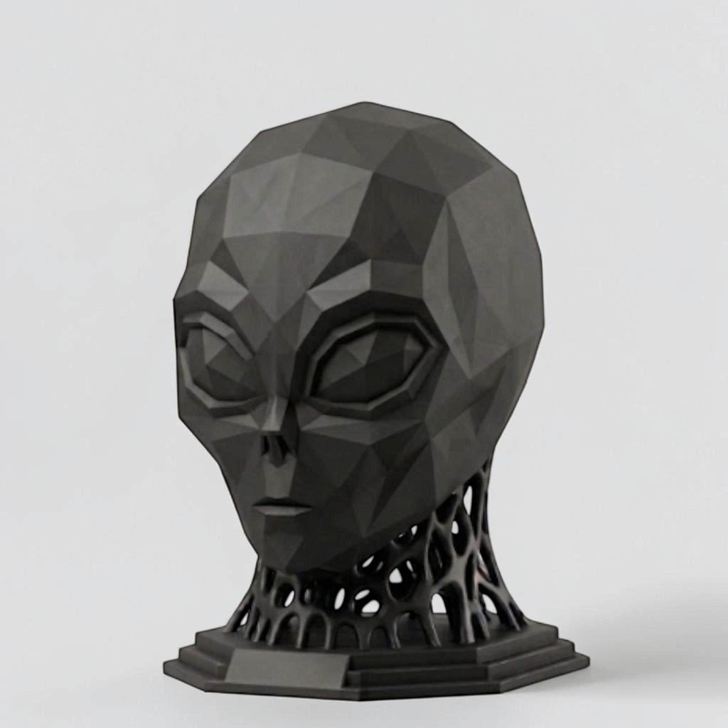 Happy3dWorld matte black low poly alien headphone stand with a geometric head and intricate voronoi neck design.