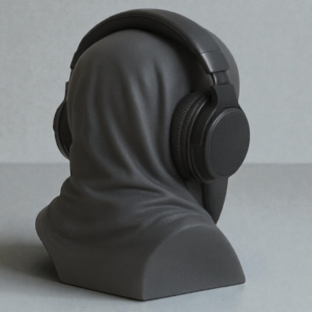 Happy3dWorld matte black death angel bust headphone stand holding over-ear headphones in a gothic style