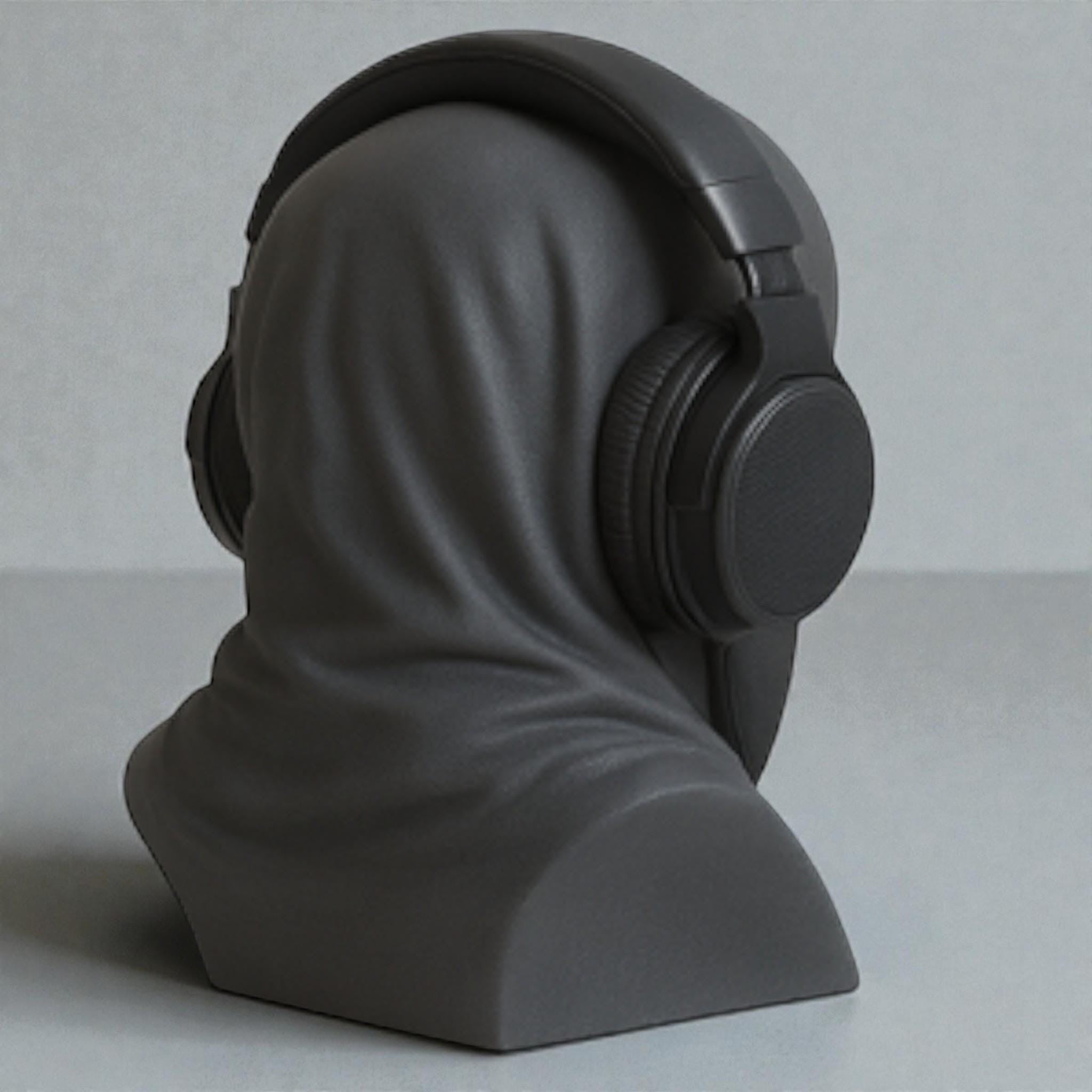 Happy3dWorld matte black death angel bust headphone stand holding over-ear headphones in a gothic style